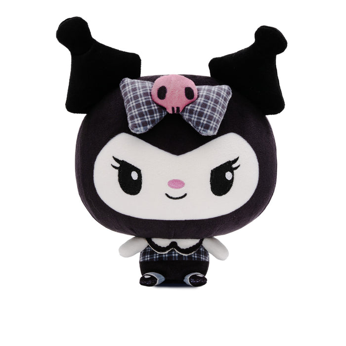 A Kuromi Cloudheads plushie toy with black hair and ears, a white face, a pink skull accent on a plaid bow, and a plaid outfit with a fancy collar on her tiny body, shown on a white background