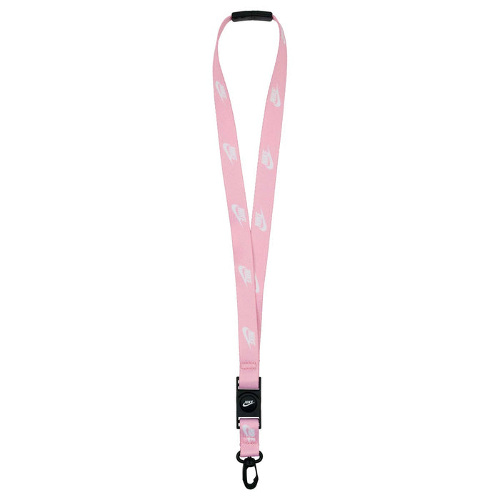 Nike Club Standard pink and white lanyard with branding and adjustable clasp, designed for holding ID badges or keys.
