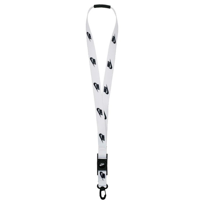 Nike Club Standard lanyard in white and black with Nike logo, made of durable fabric for keys or ID badges.