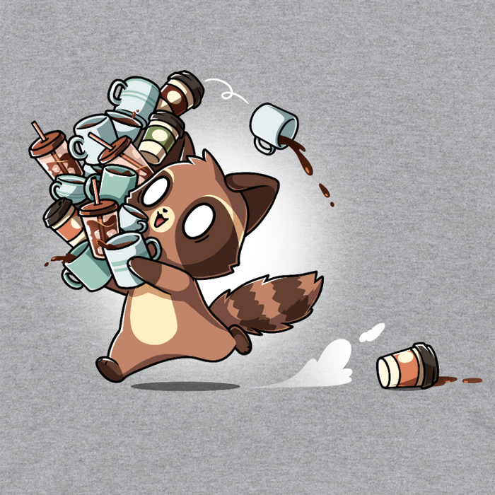 Long Sleeve T-shirt_TeeTurtle heather gray Coffee Bandit apparel featuring a running caffeinated raccoon holding a bunch of coffee cups, and a couple of cups it dropped in its wake.
