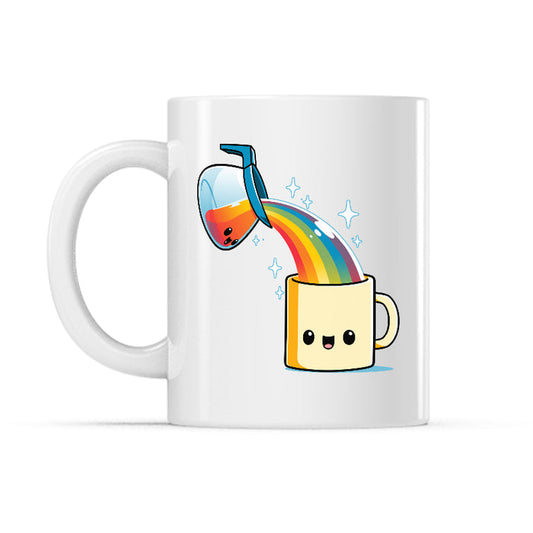 Ceramic Mug_TeeTurtle Coffee is Magic white mug featuring a smiling coffee cup pouring a rainbow into a coffee mug.