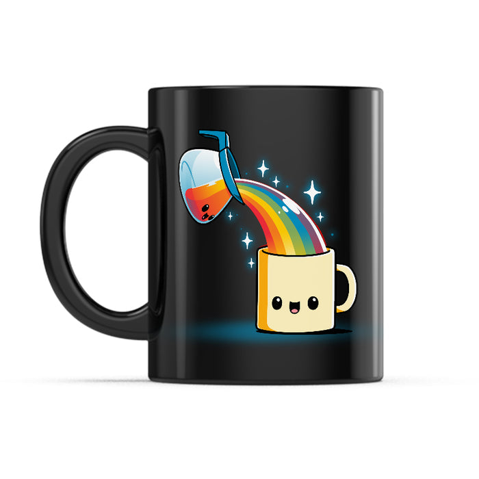 Ceramic Mug_TeeTurtle Coffee is Magic black mug featuring a smiling coffee cup pouring a rainbow into a coffee mug.
