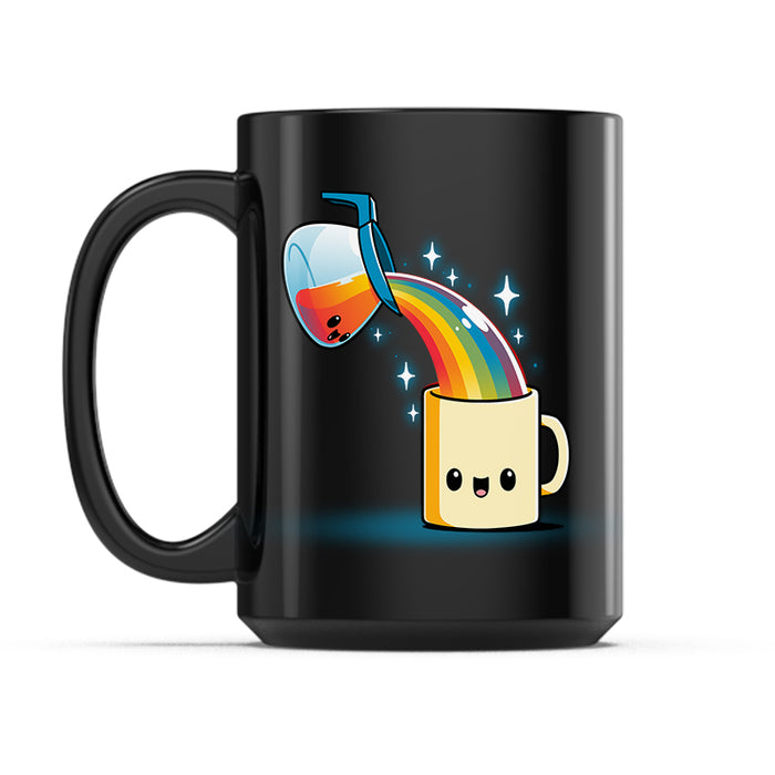 Ceramic Mug_TeeTurtle Coffee is Magic black mug featuring a smiling coffee cup pouring a rainbow into a coffee mug.