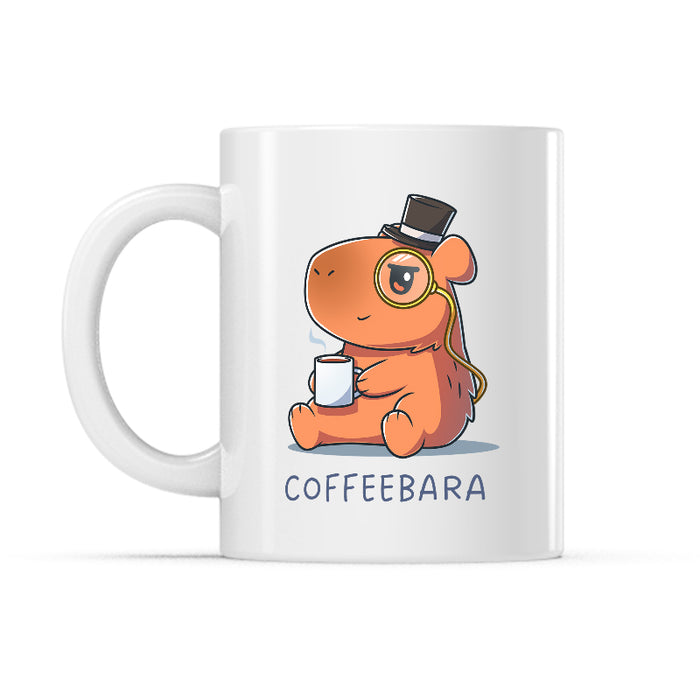 Ceramic Mug_TeeTurtle Coffeebara white mug featuring a capybara wearing a top hat and monocle holding a cup of coffee.
