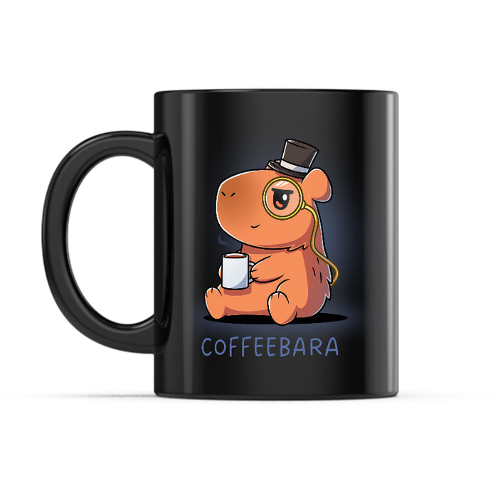 Ceramic Mug_TeeTurtle Coffeebara black mug featuring a capybara wearing a top hat and monocle holding a cup of coffee.