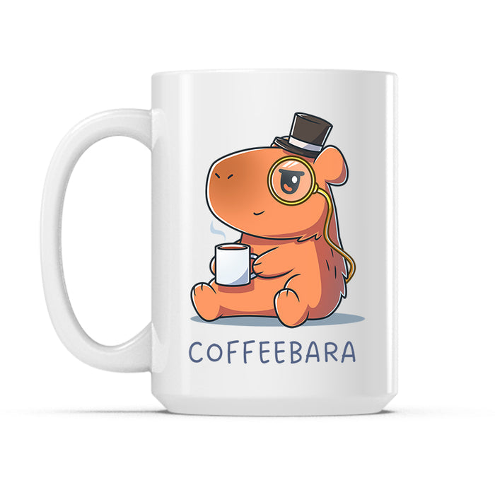 Ceramic Mug_TeeTurtle Coffeebara white mug featuring a capybara wearing a top hat and monocle holding a cup of coffee.