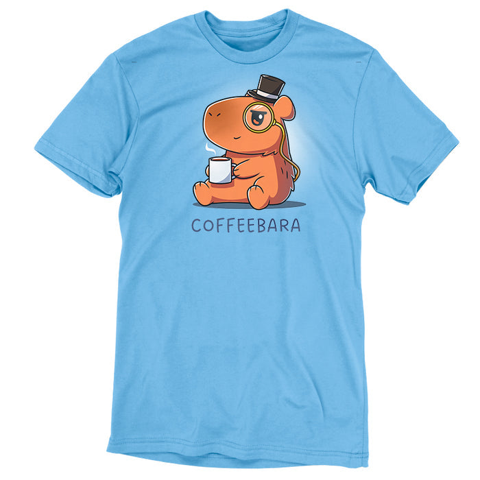 Premium Cotton T-shirt_TeeTurtle light blue Coffeebara apparel featuring a capybara wearing a top hat and monocle holding a cup of coffee.