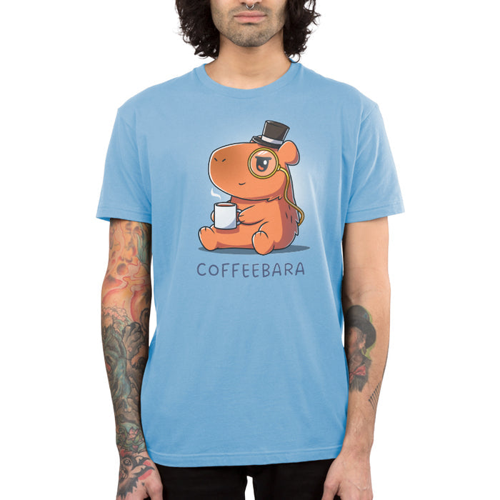Premium Cotton T-shirt_TeeTurtle light blue Coffeebara apparel featuring a capybara wearing a top hat and monocle holding a cup of coffee.