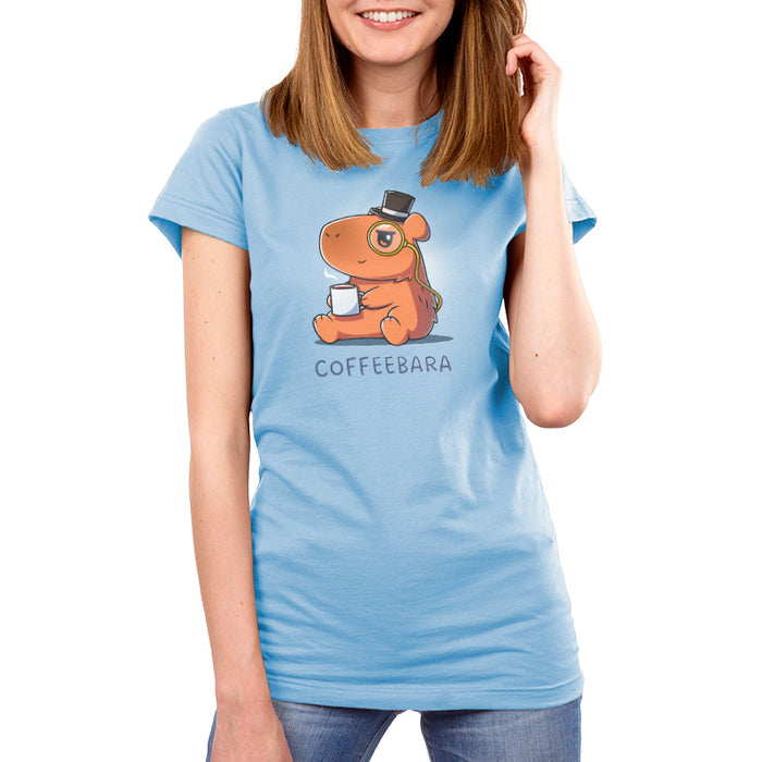 Premium Cotton T-shirt_TeeTurtle light blue Coffeebara apparel featuring a capybara wearing a top hat and monocle holding a cup of coffee.