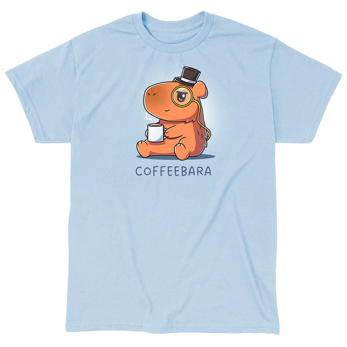 Classic Cotton T-shirt_TeeTurtle light blue Coffeebara apparel featuring a capybara wearing a top hat and monocle holding a cup of coffee.