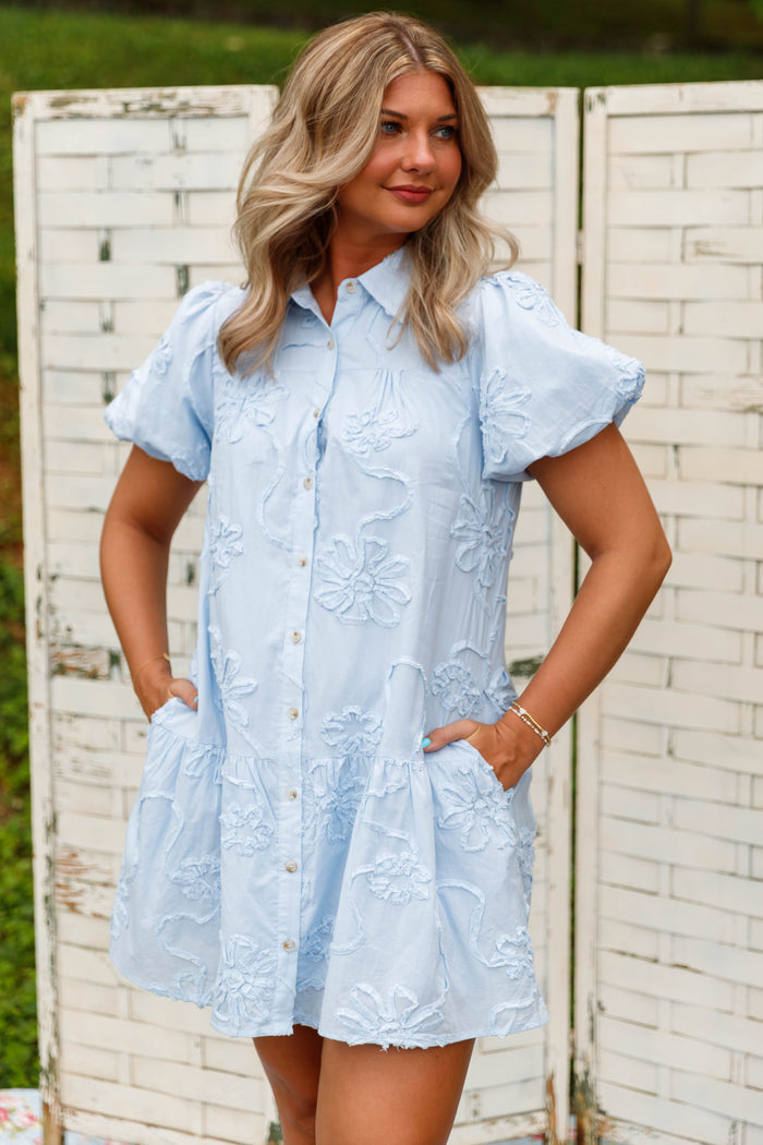 Blue 3D Floral Button Down Mini Dress- Women's Summer Button Down Dress- Jodifl Dresses