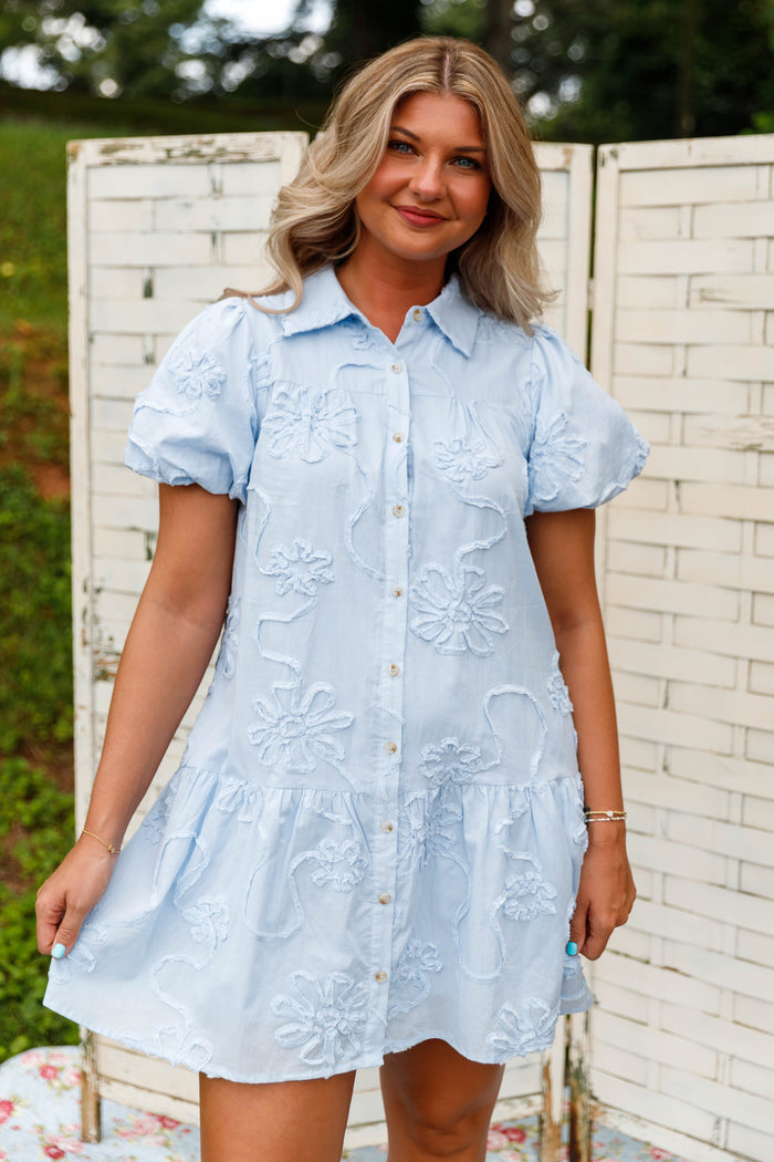 Blue 3D Floral Button Down Mini Dress- Women's Summer Button Down Dress- Jodifl Dresses