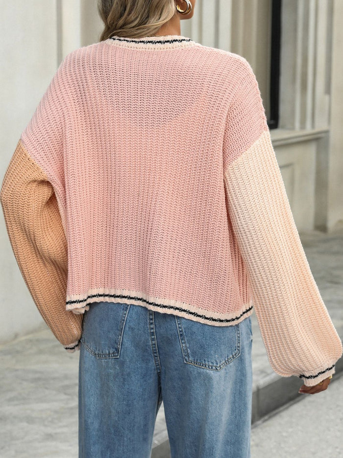 Contrast Open Front Long Sleeve Oversized Cardigan - 4 colors