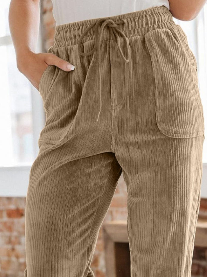 Corduroy Drawstring Pull On Pants with Patch Pockets - 4 colors