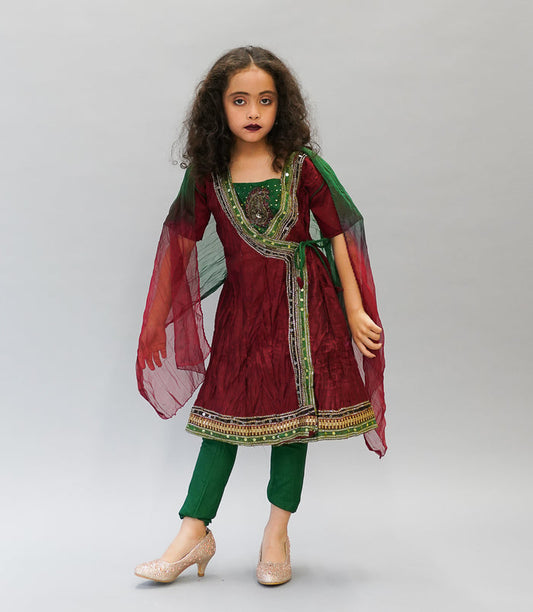 Cotton Barn Red Angrakha Style Embroidered Girl's Salwar Suit