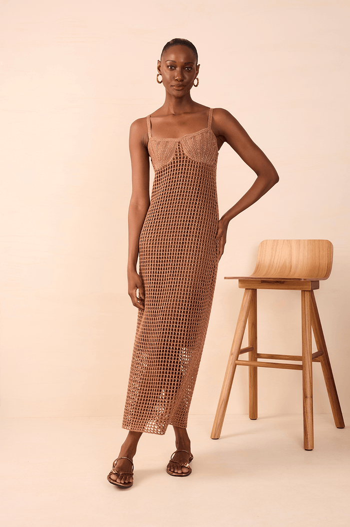 Golden Thin Straps Shell Tricot Maxi Dress_1