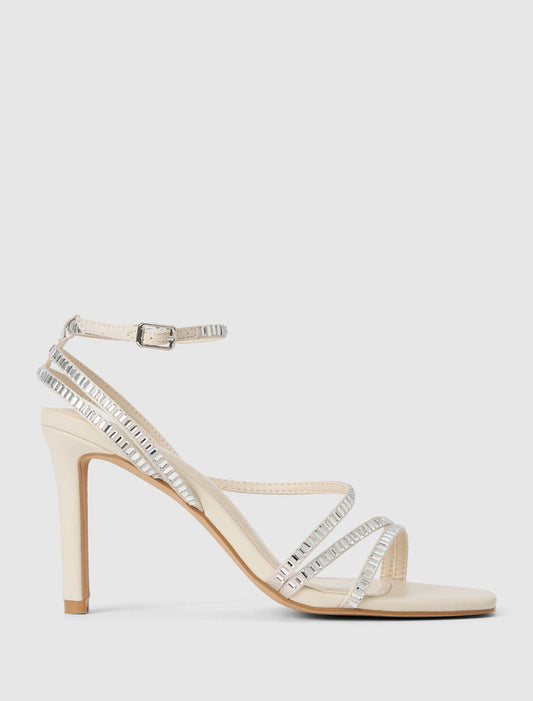 Crystal Jewelled Asymmetrical Strap PM Sandal Heel Ivory Forever New