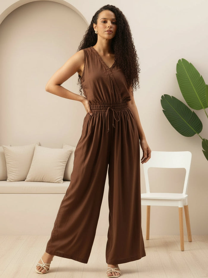 Dark Brown V-Neck Waist Tie-Up Basic Jumpsuit