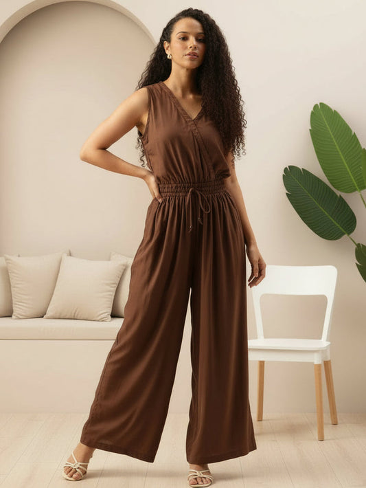 Dark Brown V-Neck Waist Tie-Up Basic Jumpsuit