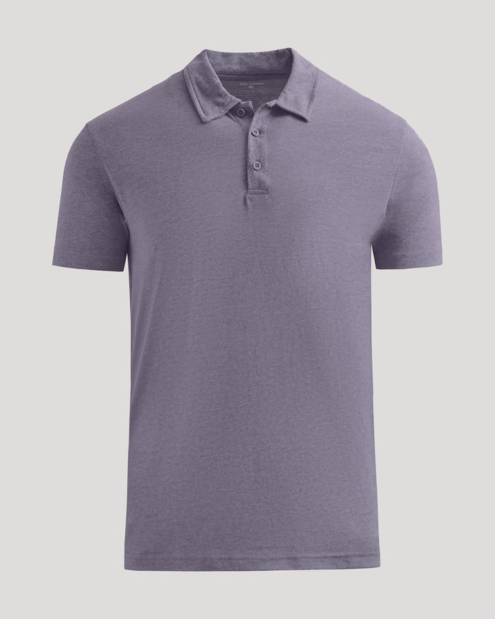 Dark Heather Amethyst Short Sleeve Polo with three-button placket and classic collar.