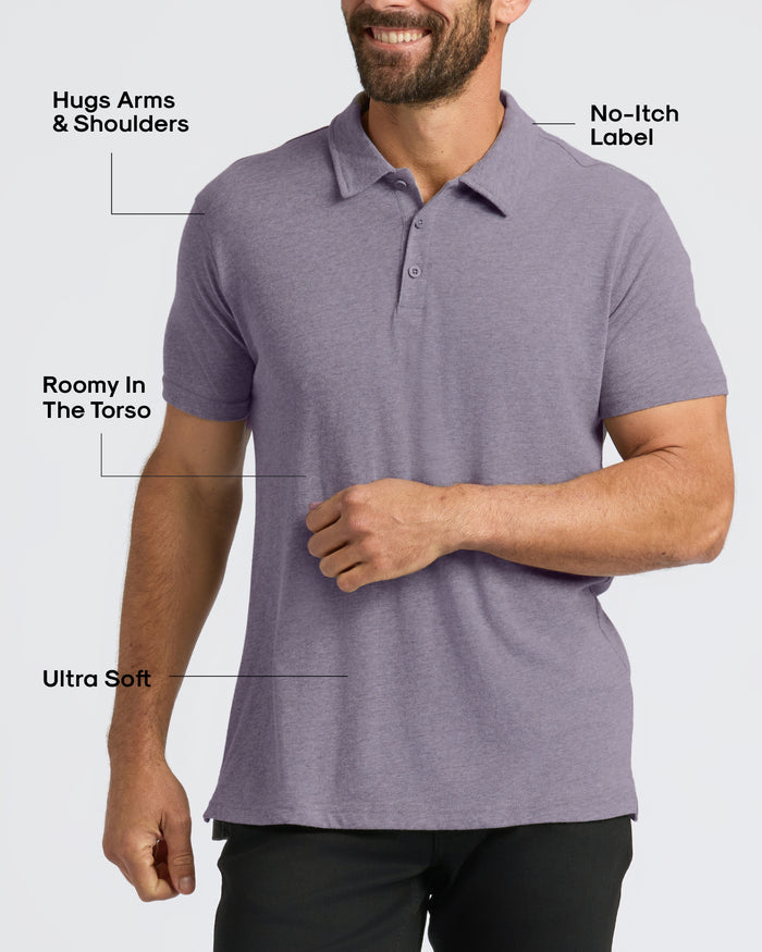 Man wearing a purple polo shirt highlighting features like ultra-soft fabric, roomy torso, no-itch label, and snug fit on arms and shoulders from the Seasonal Classic Polo 3-Pack.