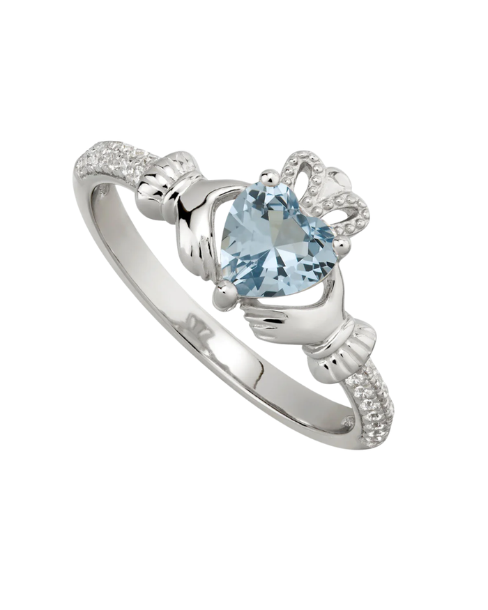 December Birthstone Blue Zircon Sterling Silver Claddagh Ring