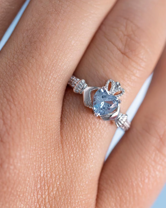 December Birthstone Blue Zircon Sterling Silver Claddagh Ring