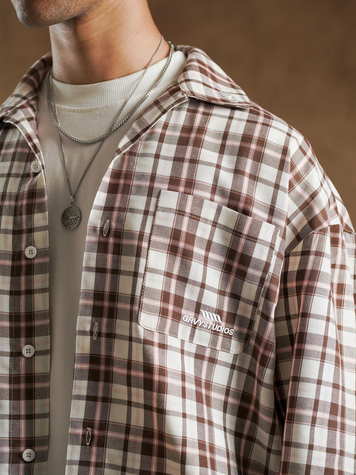Collar detail on cream and brown plaid shirting - GROOVY Pakistan