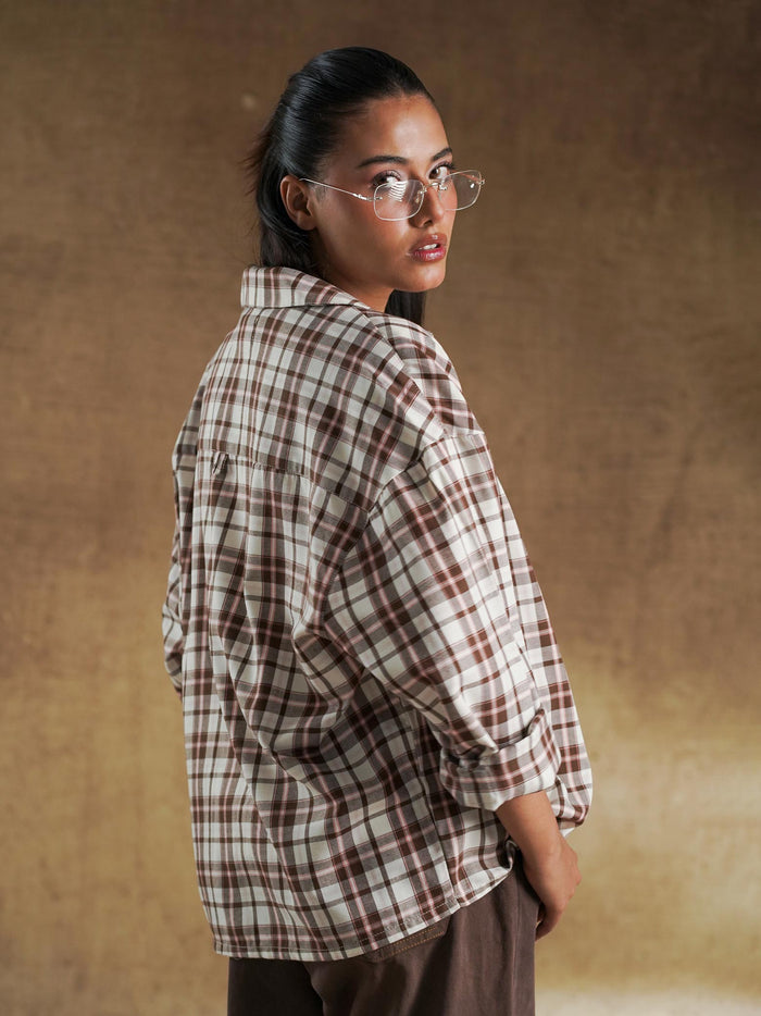 Back view of brown plaid oversized shirt - GROOVY Pakistan
