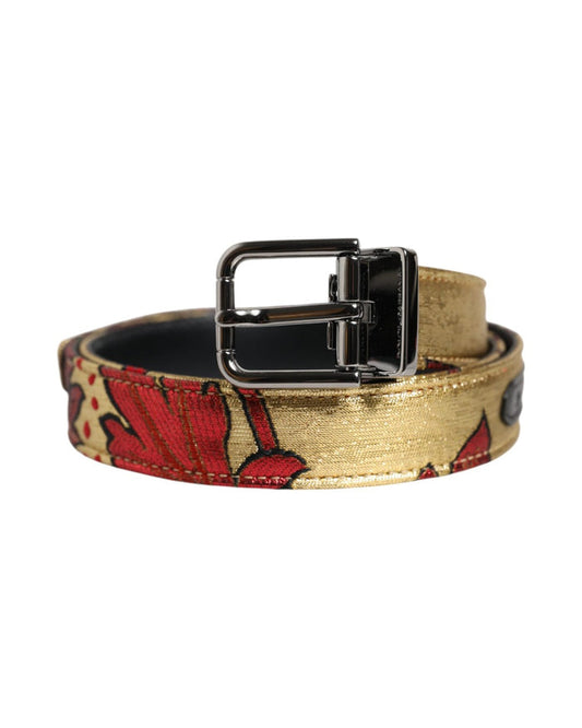 Dolce & Gabbana Gold Floral Jacquard Silver Metal Buckle Belt