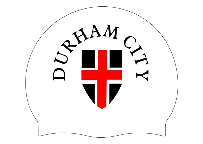 Durham City Club logo swimming cap by AK Club Kit in white, black, and red with club branding on a sleek fabric cap.