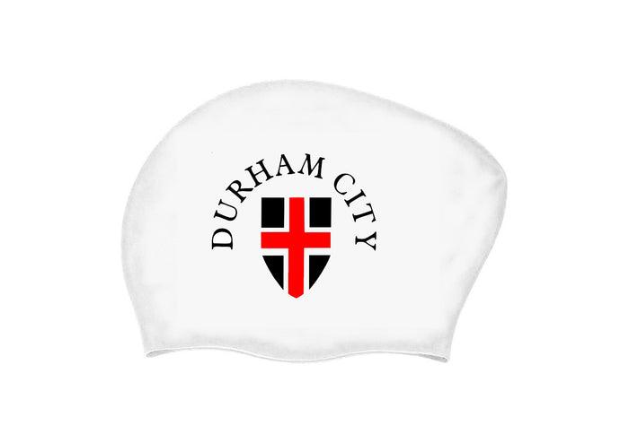 Durham City Long Hair Club logo swimming cap by AK Club Kit, white, black, and red silicone cap for swimmers with long hair.