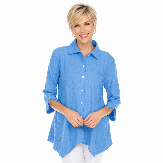 Embroidered Cotton Voile Shirt in French Blue - EC104-FB