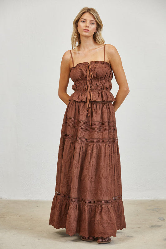 Embroidered Lace Crop Top & Maxi Skirt Set - Brown