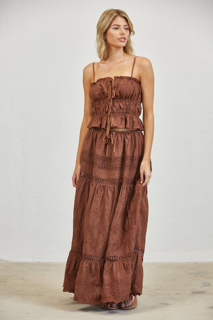 Embroidered Lace Crop Top & Maxi Skirt Set - Brown