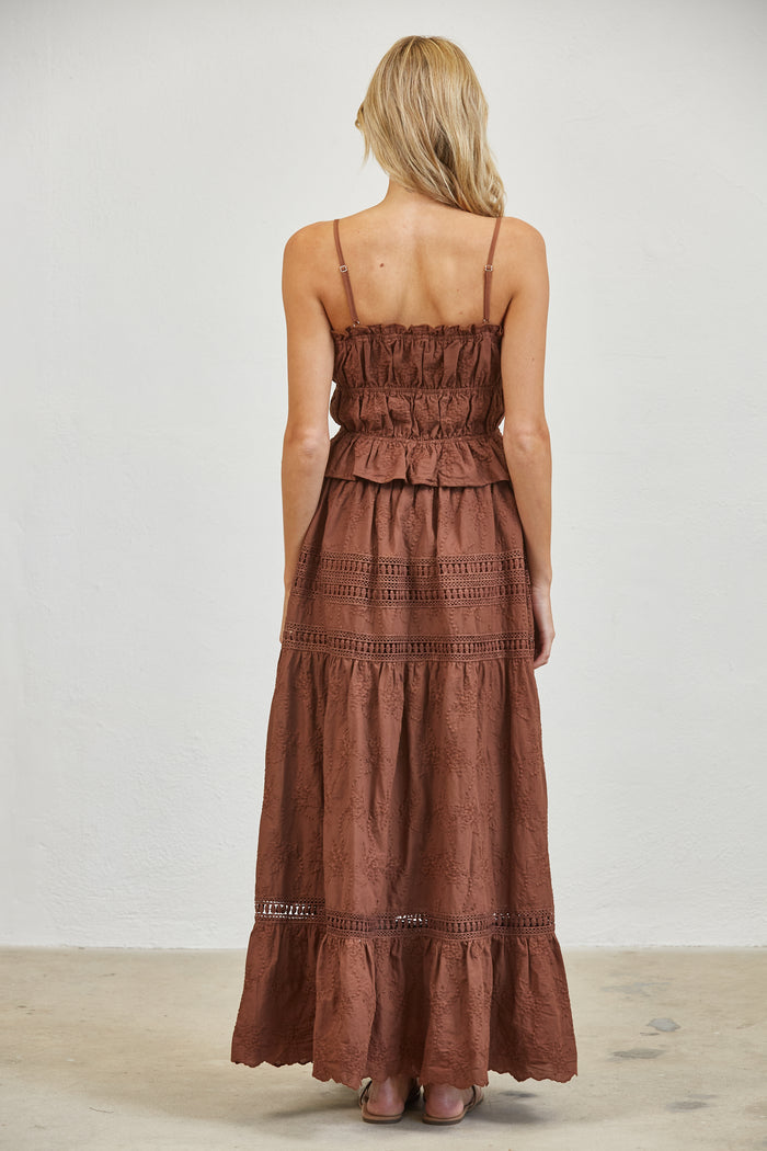Embroidered Lace Crop Top & Maxi Skirt Set - Brown