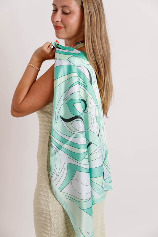 Mint Green Abstract Satin Square Scarf- Women's Satin Print Scarves