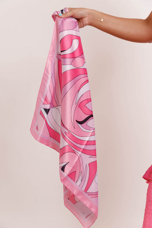 Hot Pink Abstract Satin Square Scarf- Women's Satin Print Scarves