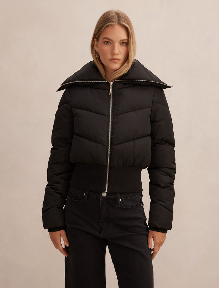 Evie Cropped Rib Detail Puffer Jacket Black Forever New