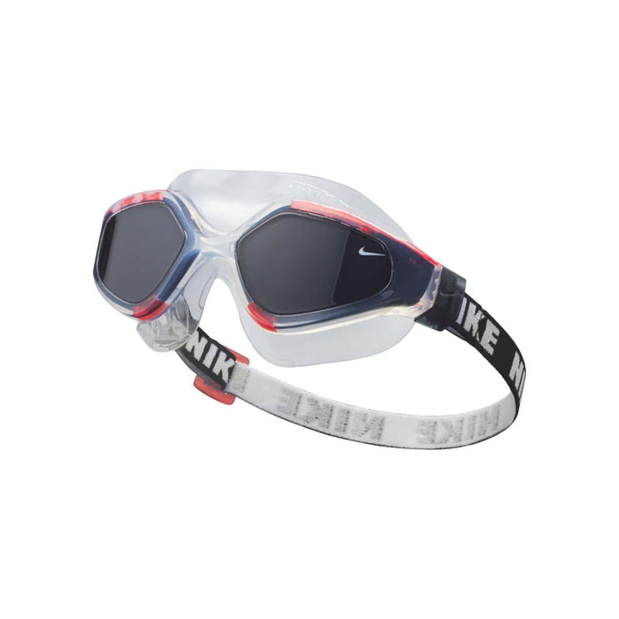 Nike Expanse Swim Mask goggles in Picante Red with adjustable strap and clear lenses for swimming and water sports.