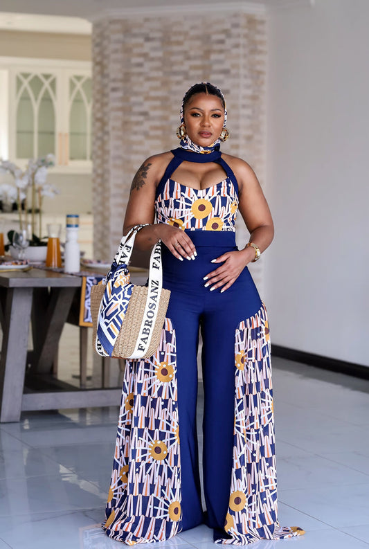 FabroSanz wide-leg pants set, African print halter top, bold heritage fashion, navy and mustard women’s outfit, African fashion power set, luxe cultural wear South Africa, statement wide-leg trousers, modern African designer clothing, heritage print two-piece.