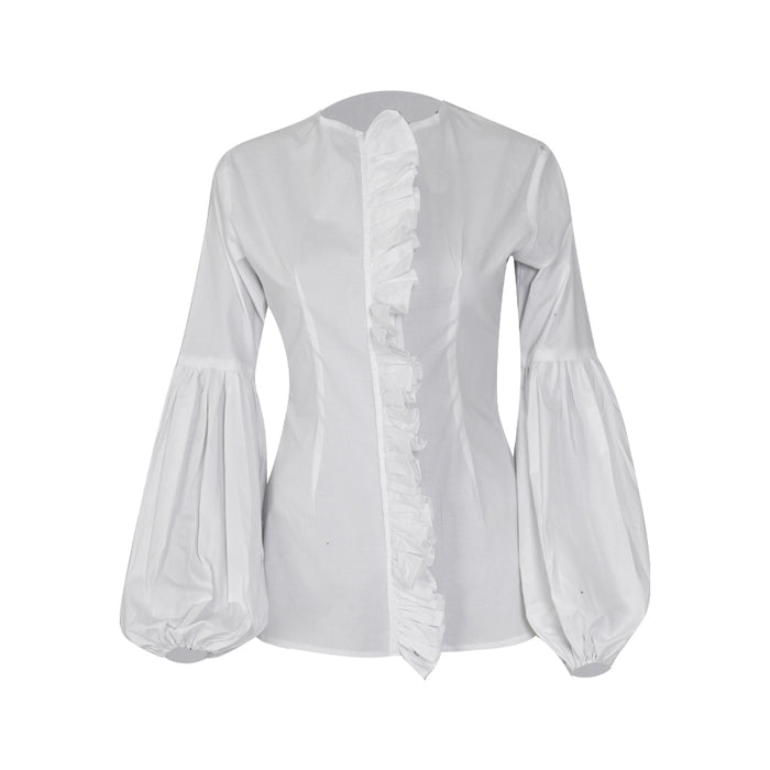 white ruffle blouse, women’s statement work shirt, elegant bishop sleeve blouse, classic white cotton top, FabroSanz women’s fashion, timeless formal blouse, tailored white shirt for women, versatile fashion staples