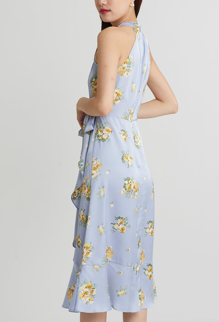 Fancy Cluster Floral Halter Ruffled Dress