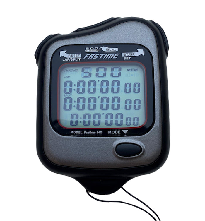 Fastime 14X grey stopwatch with digital display, featuring multiple timing functions and a durable design for sports and timing needs.