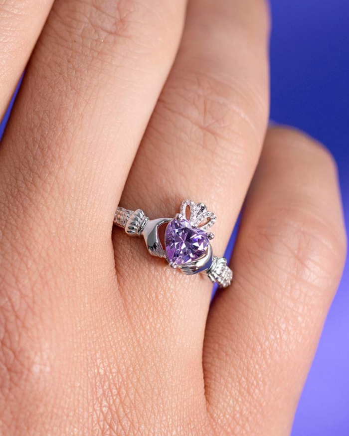 February Birthstone Ameythest Sterling Silver Claddagh Ring