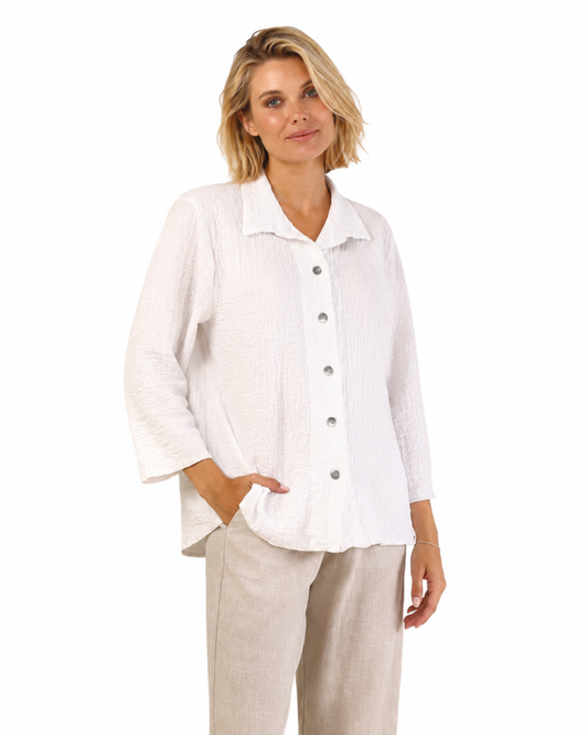 Fenini Seersucker Button Front Shirt in White - 46971