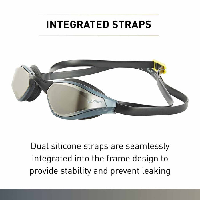 Finis Mach 1 Racing Goggle in Titanium with sleek design, adjustable strap, and clear lenses for competitive swimming.