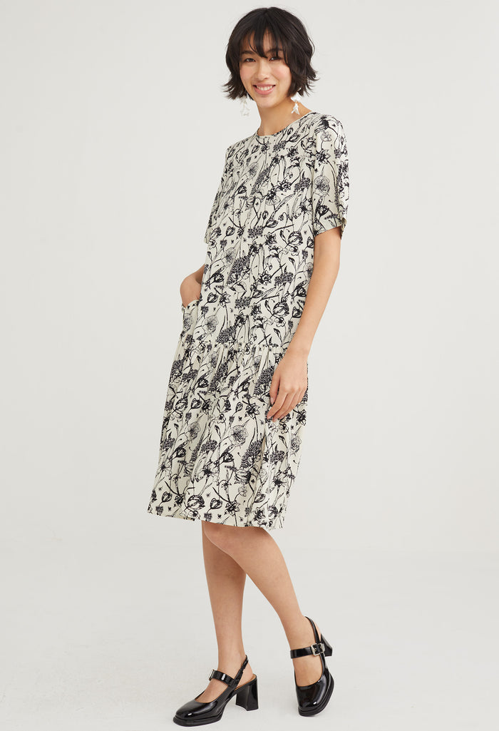 Flowerette Drop Waist Midi Dress