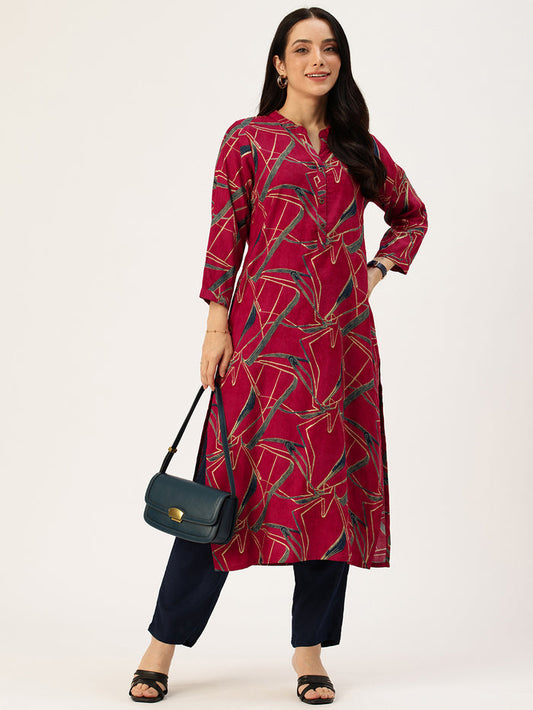 Fuchsia Abstract Printed Kurta, Floral Print, Mandarin Collar kurta, printed kurta