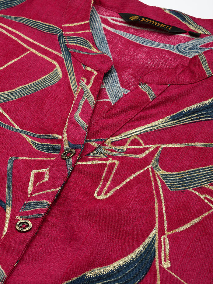 Fuchsia Abstract Printed Kurta, Floral Print, Mandarin Collar kurta, printed kurta